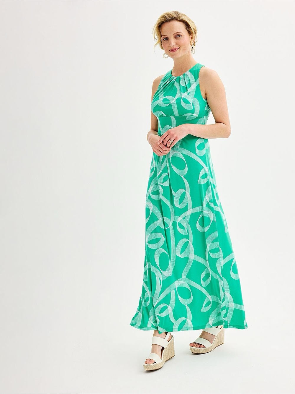 London Times Green & White Geometric Print Maxi Dress size 12